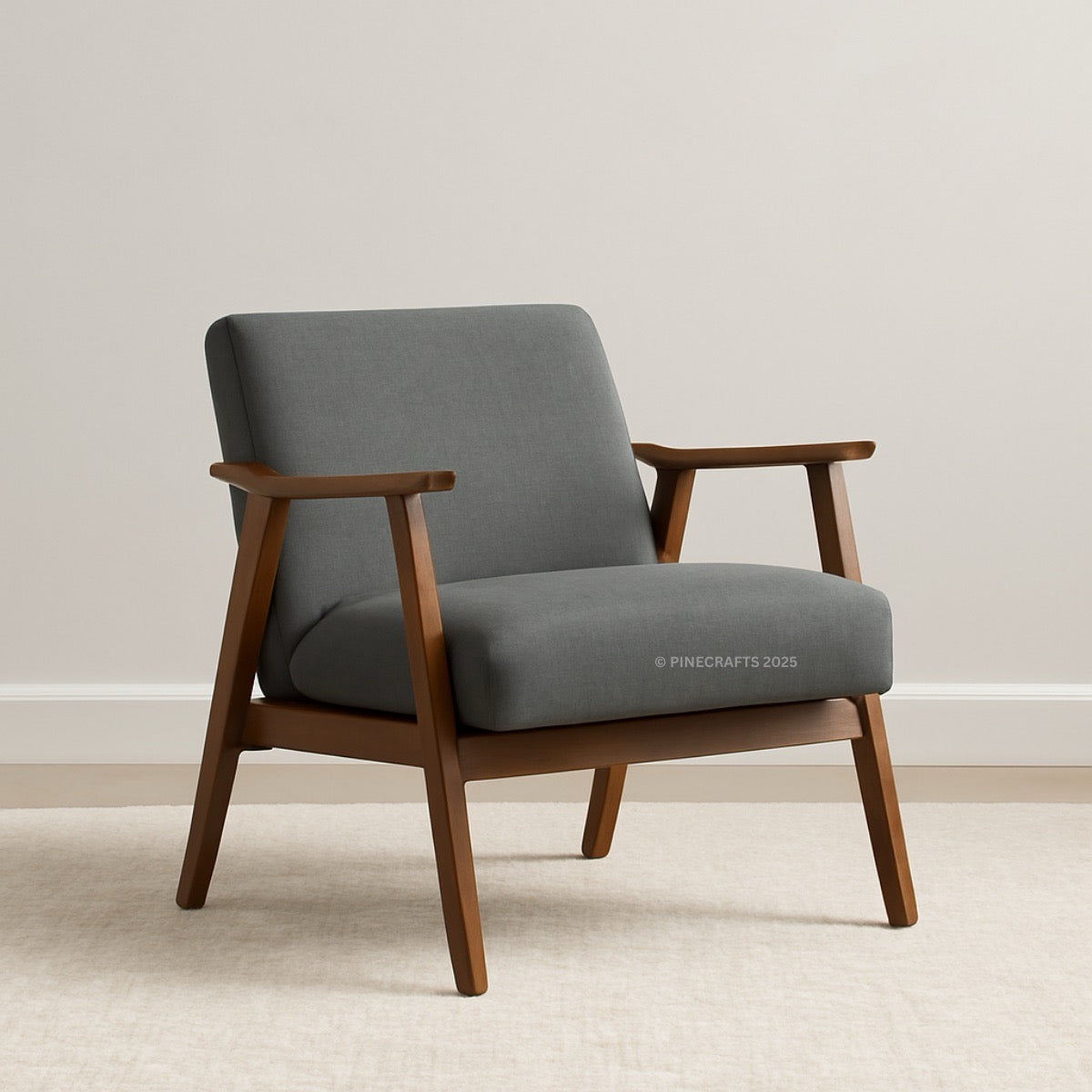 Gray armchair with wooden frame on a plain background